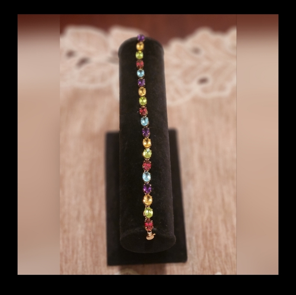 14k Solid Gold Multicolor Oval Gemstone Tennis Br… - image 1